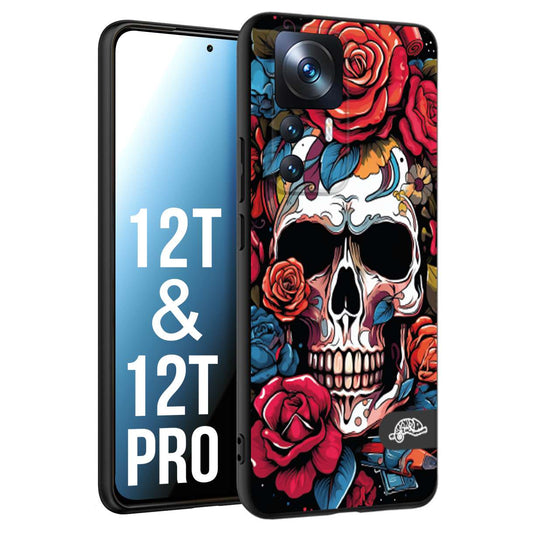 CUSTOMIZZA - Custodia cover nera morbida in tpu compatibile per Xiaomi 12T - 12T PRO teschio skull flowers fiori rose rosse tattoo disegnato