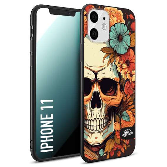 CUSTOMIZZA - Custodia cover nera morbida in tpu compatibile per iPhone 11 teschio skull flowers fiori autunnali arancio celeste tattoo