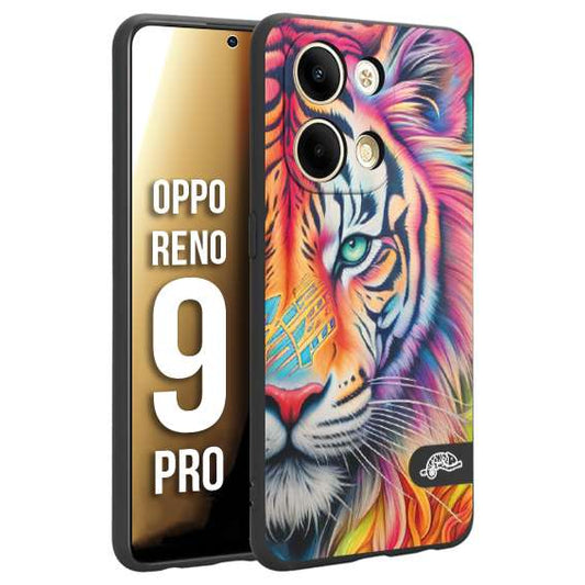 CUSTOMIZZA - Custodia cover nera morbida in tpu compatibile per Oppo Reno 9 PRO animali color tigre tiger viso colori vibranti disegnato schizzo