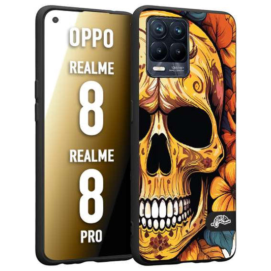 CUSTOMIZZA - Custodia cover nera morbida in tpu compatibile per Oppo Realme 8 - 8 PRO teschio messicano colorato dorato fiori autunnali disegnato