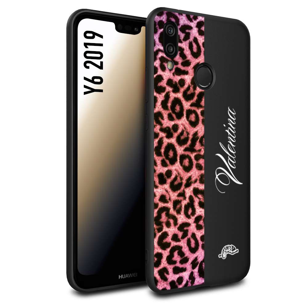 CUSTOMIZZA - Custodia cover nera morbida in tpu compatibile per Huawei Y6 2019 leopardato rosa fucsia personalizzata nome iniziali