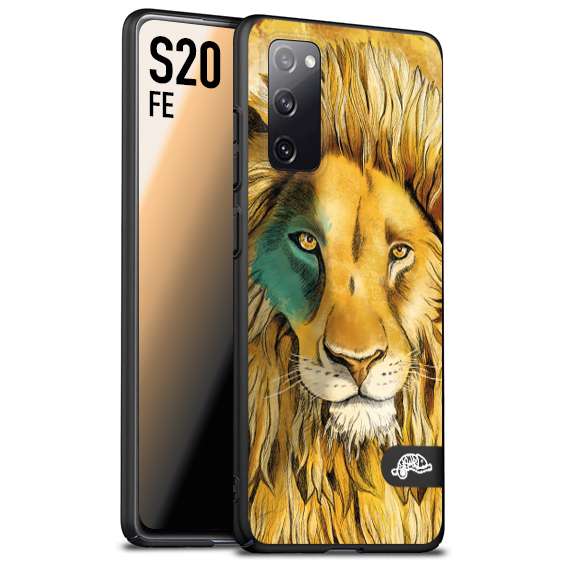 CUSTOMIZZA - Custodia cover nera morbida in tpu compatibile per Samsung S20 FE leone lion disegnato a mano giallo blu a rilievo artistico brown