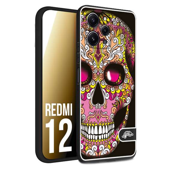 CUSTOMIZZA - Custodia cover nera morbida in tpu compatibile per Xiaomi Redmi 12 teschio messicano Mexican skull rosa gialla