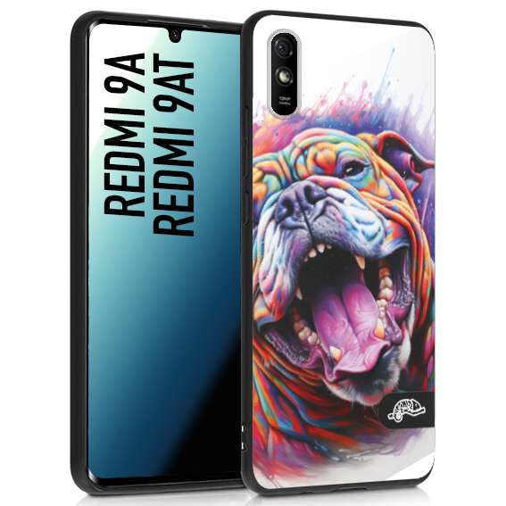 CUSTOMIZZA - Custodia cover nera morbida in tpu compatibile per Xiaomi Redmi 9A - 9AT animali color bulldog cane dog colori vibranti disegnato schizzo