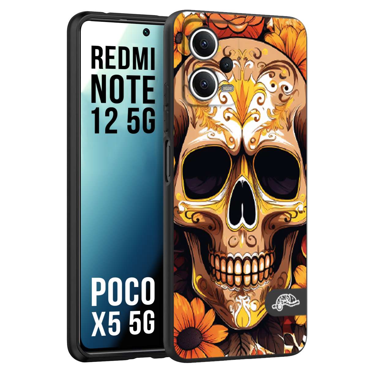 CUSTOMIZZA - Custodia cover nera morbida in tpu compatibile per Xiaomi Redmi Note 12 - POCO X5 5G teschio messicano colorato dorato fiori tattoo disegnato