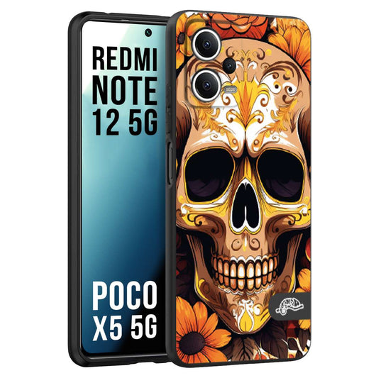 CUSTOMIZZA - Custodia cover nera morbida in tpu compatibile per Xiaomi Redmi Note 12 - POCO X5 5G teschio messicano colorato dorato fiori tattoo disegnato