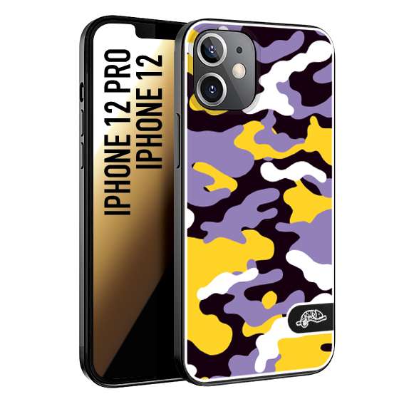 CUSTOMIZZA - Custodia cover nera morbida in tpu compatibile per iPhone 12 - 12 PRO camouflage mimetico militare viola lilla giallo