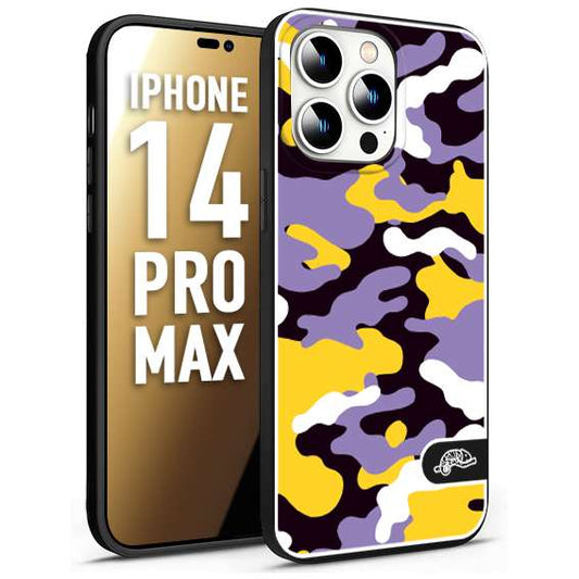 CUSTOMIZZA - Custodia cover nera morbida in tpu compatibile per iPhone 14 PRO MAX camouflage mimetico militare viola lilla giallo