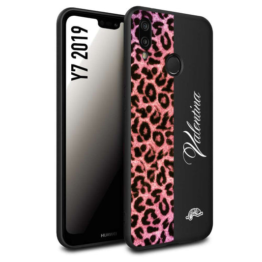 CUSTOMIZZA - Custodia cover nera morbida in tpu compatibile per Huawei Y7 2019 leopardato rosa fucsia personalizzata nome iniziali