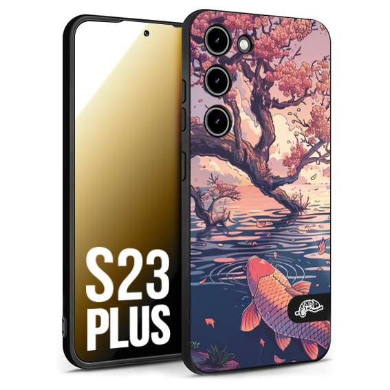 CUSTOMIZZA - Custodia cover nera morbida in tpu compatibile per Samsung S23 PLUS giapponese lago carpa koi rosa con foglie d'acero disegnata tattoo