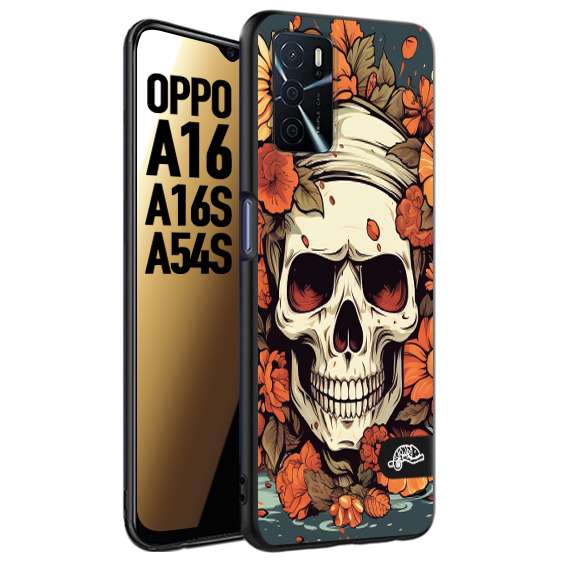 CUSTOMIZZA - Custodia cover nera morbida in tpu compatibile per Oppo A16 - A16S - A54S teschio skull flowers fiori tattoo disegnato alta definizione