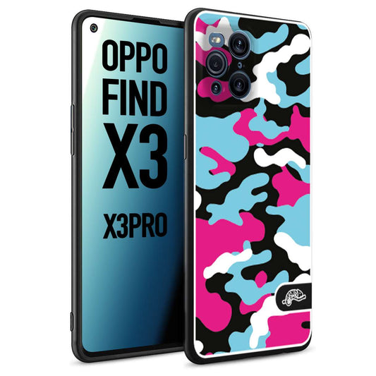 CUSTOMIZZA - Custodia cover nera morbida in tpu compatibile per Oppo Find X3 - Find X3 Pro 5G camouflage mimetico militare fucsia celeste