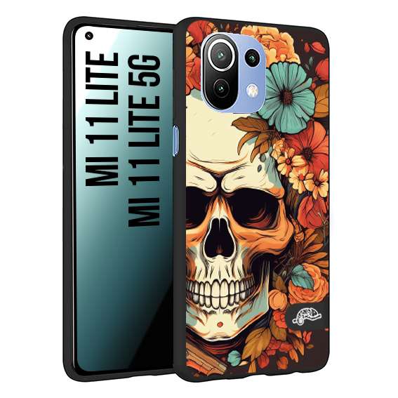 CUSTOMIZZA - Custodia cover nera morbida in tpu compatibile per Xiaomi Mi 11 Lite / Mi 11 Lite 5G teschio skull flowers fiori autunnali arancio celeste tattoo