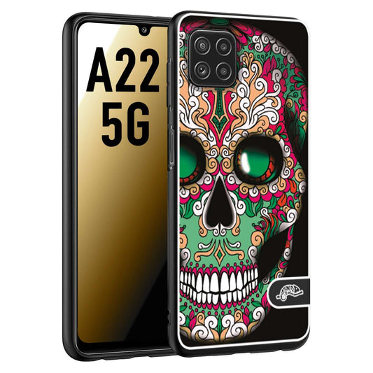 CUSTOMIZZA - Custodia cover nera morbida in tpu compatibile per Samsung A22 5G teschio messicano Mexican skull verde fucsia