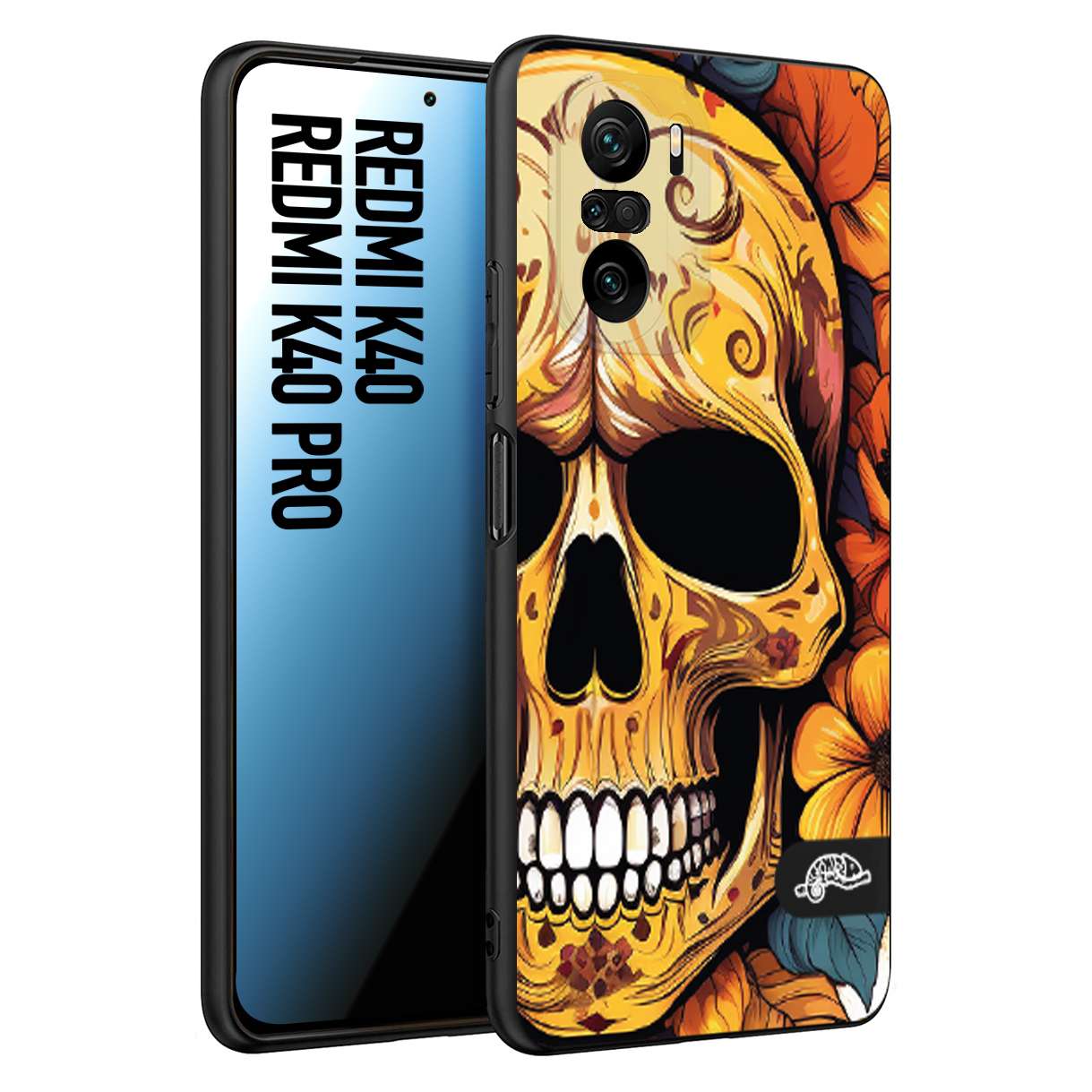 CUSTOMIZZA - Custodia cover nera morbida in tpu compatibile per Xiaomi Redmi K40 - K40 Pro teschio messicano colorato dorato fiori autunnali disegnato