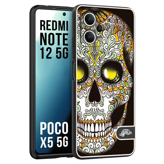 CUSTOMIZZA - Custodia cover nera morbida in tpu compatibile per Xiaomi Redmi Note 12 - POCO X5 5G teschio messicano Mexican skull bianco verde giallo