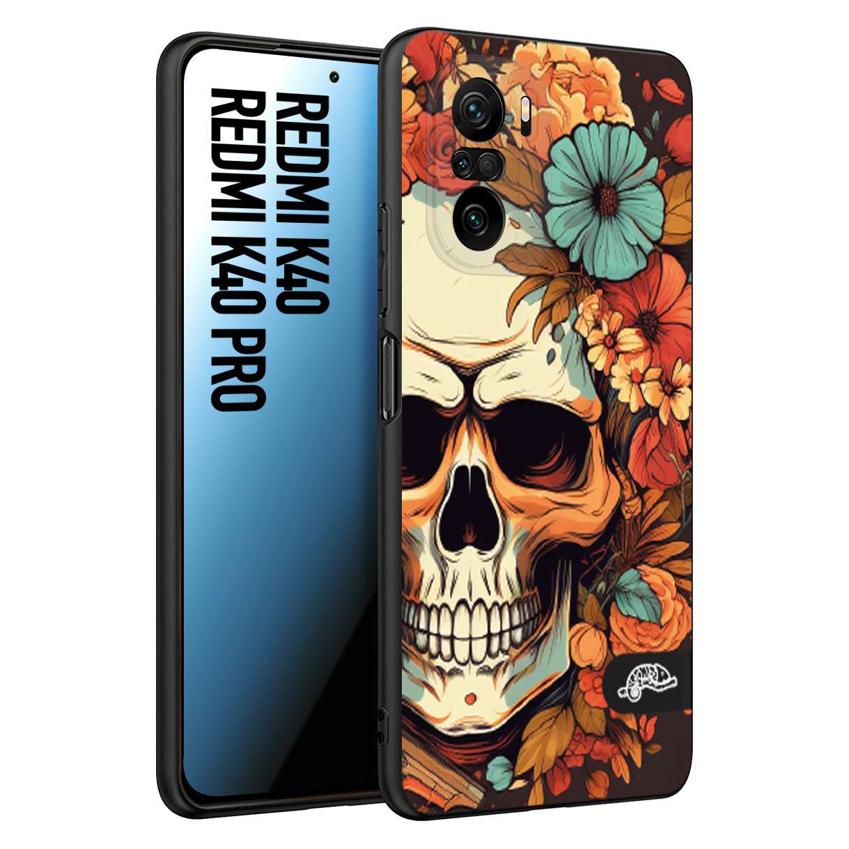 CUSTOMIZZA - Custodia cover nera morbida in tpu compatibile per Xiaomi Redmi K40 - K40 Pro teschio skull flowers fiori autunnali arancio celeste tattoo