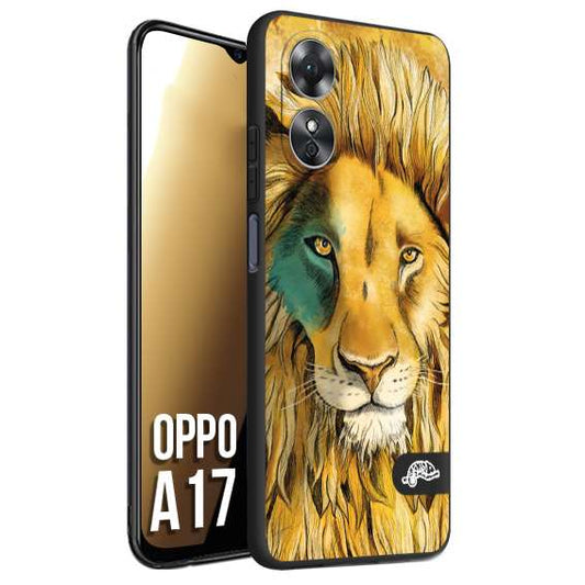 CUSTOMIZZA - Custodia cover nera morbida in tpu compatibile per Oppo A17 leone lion disegnato a mano giallo blu a rilievo artistico brown