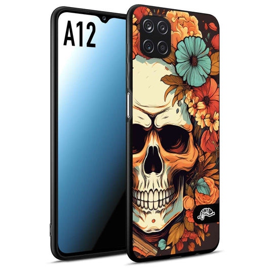 CUSTOMIZZA - Custodia cover nera morbida in tpu compatibile per Samsung A12 teschio skull flowers fiori autunnali arancio celeste tattoo