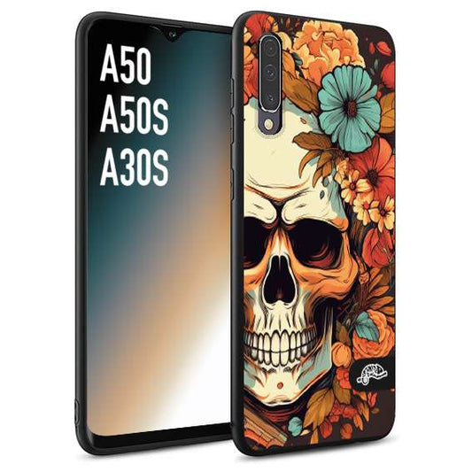 CUSTOMIZZA - Custodia cover nera morbida in tpu compatibile per Samsung A50 - A50S - A30S teschio skull flowers fiori autunnali arancio celeste tattoo