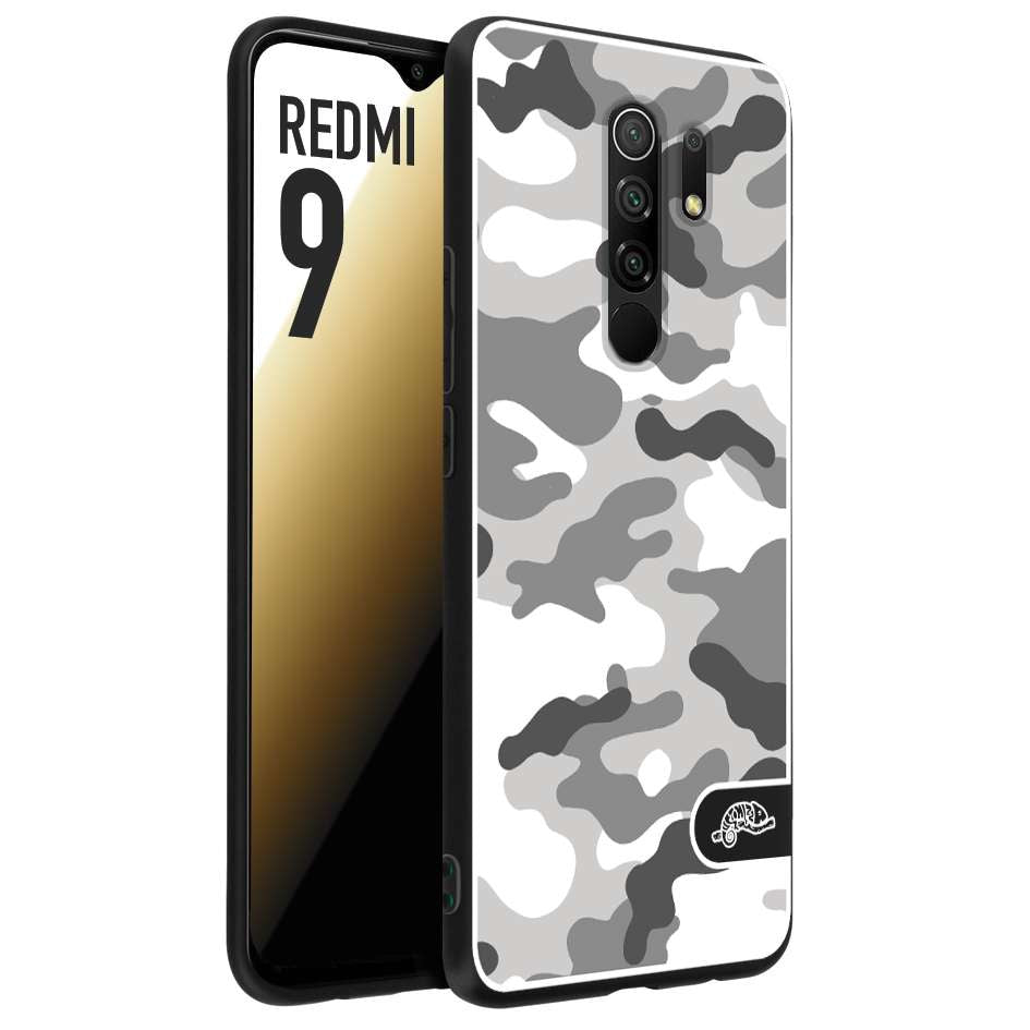 CUSTOMIZZA - Custodia cover nera morbida in tpu compatibile per Xiaomi Redmi 9 camouflage mimetico militare bianco white