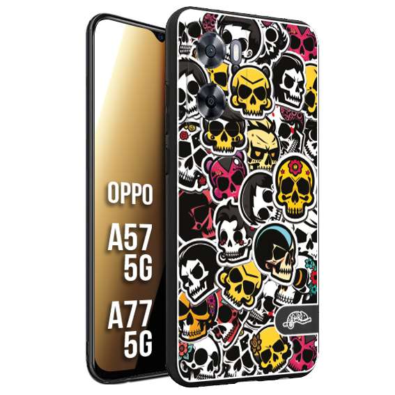 CUSTOMIZZA - Custodia cover nera morbida in tpu compatibile per Oppo A57 5G - A77 5G sticker bomb teschi colorati adesivi skulls skater snowboard