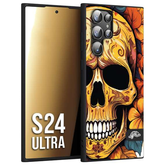 CUSTOMIZZA - Custodia cover nera morbida in tpu compatibile per Samsung S24 ULTRA teschio messicano colorato dorato fiori autunnali disegnato