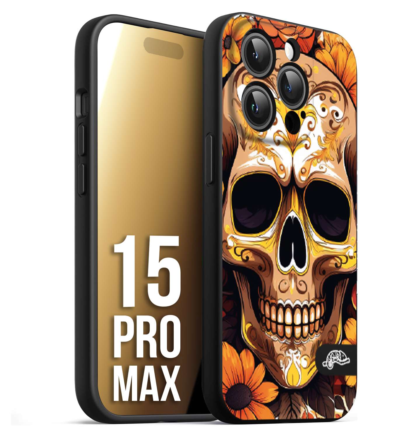 CUSTOMIZZA - Custodia cover nera morbida in tpu compatibile per iPhone 15 PRO MAX teschio messicano colorato dorato fiori tattoo disegnato