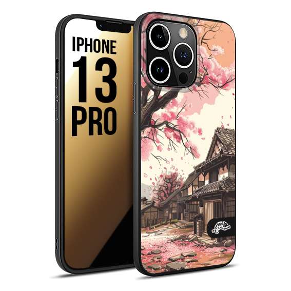 CUSTOMIZZA - Custodia cover nera morbida in tpu compatibile per iPhone 13 PRO casa giapponese rosa ciliegio in fiore disegnata tattoo