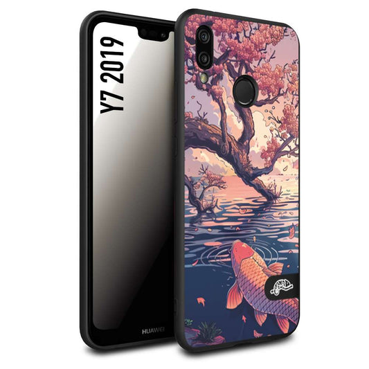 CUSTOMIZZA - Custodia cover nera morbida in tpu compatibile per Huawei Y7 2019 giapponese lago carpa koi rosa con foglie d'acero disegnata tattoo