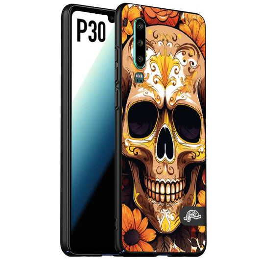 CUSTOMIZZA - Custodia cover nera morbida in tpu compatibile per Huawei P30 teschio messicano colorato dorato fiori tattoo disegnato