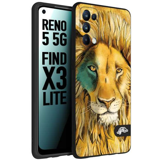 CUSTOMIZZA - Custodia cover nera morbida in tpu compatibile per Oppo Reno 5 5G leone lion disegnato a mano giallo blu a rilievo artistico brown