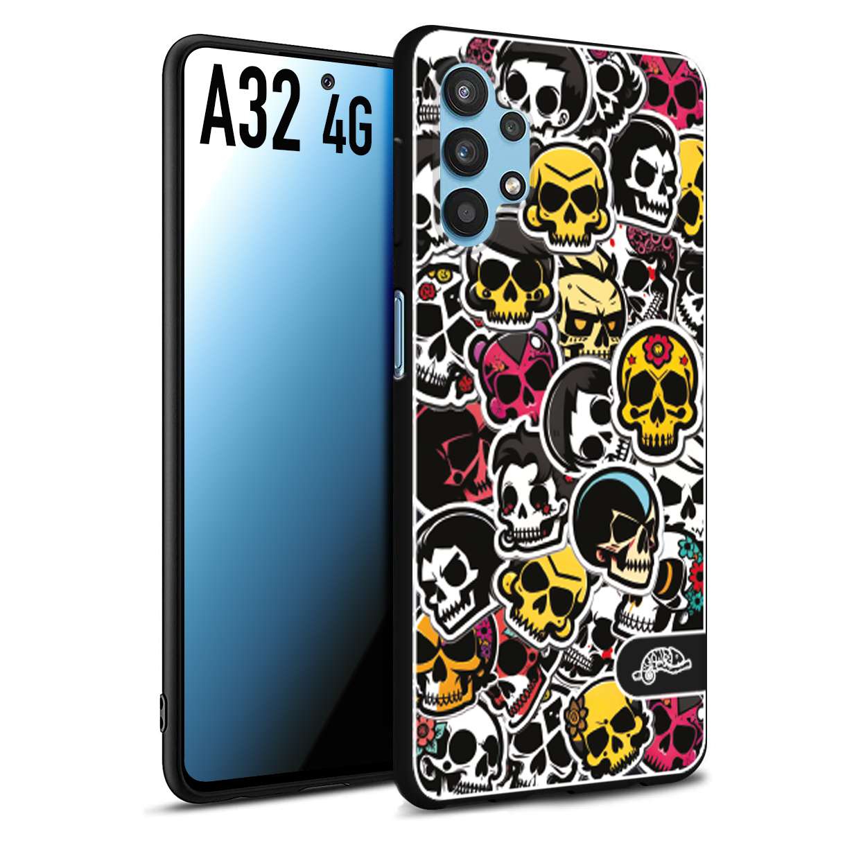 CUSTOMIZZA - Custodia cover nera morbida in tpu compatibile per Samsung A32 4G sticker bomb teschi colorati adesivi skulls skater snowboard