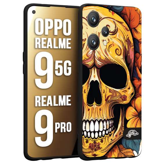 CUSTOMIZZA - Custodia cover nera morbida in tpu compatibile per Oppo Realme 9 5G - 9 PRO teschio messicano colorato dorato fiori autunnali disegnato