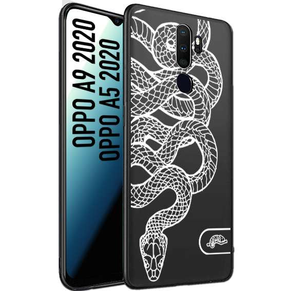 CUSTOMIZZA - Custodia cover nera morbida in tpu compatibile per Oppo A9 2020 - A5 2020 serpente snake bianco a rilievo disegnato tattoo tatuaggio