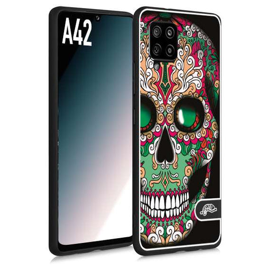 CUSTOMIZZA - Custodia cover nera morbida in tpu compatibile per Samsung A42 teschio messicano Mexican skull verde fucsia