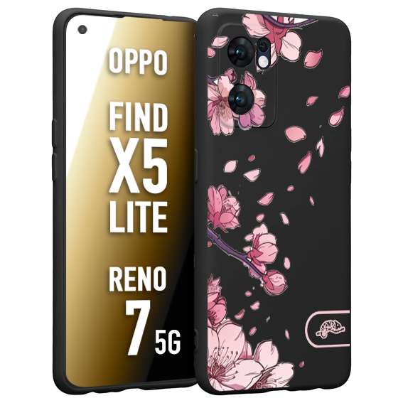 CUSTOMIZZA - Custodia cover nera morbida in tpu compatibile per Oppo Reno 7 - Find X5 LITE giapponese fiori di ciliegio in fiore a rilievo disegnata tattoo