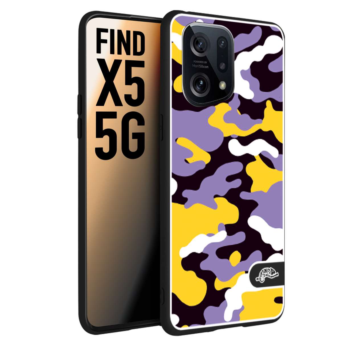 CUSTOMIZZA - Custodia cover nera morbida in tpu compatibile per Oppo Find X5 camouflage mimetico militare viola lilla giallo