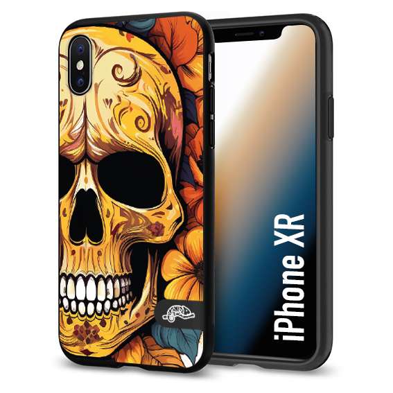 CUSTOMIZZA - Custodia cover nera morbida in tpu compatibile per iPhone Xr teschio messicano colorato dorato fiori autunnali disegnato