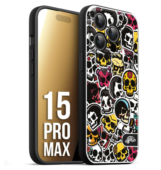 CUSTOMIZZA - Custodia cover nera morbida in tpu compatibile per iPhone 15 PRO MAX sticker bomb teschi colorati adesivi skulls skater snowboard