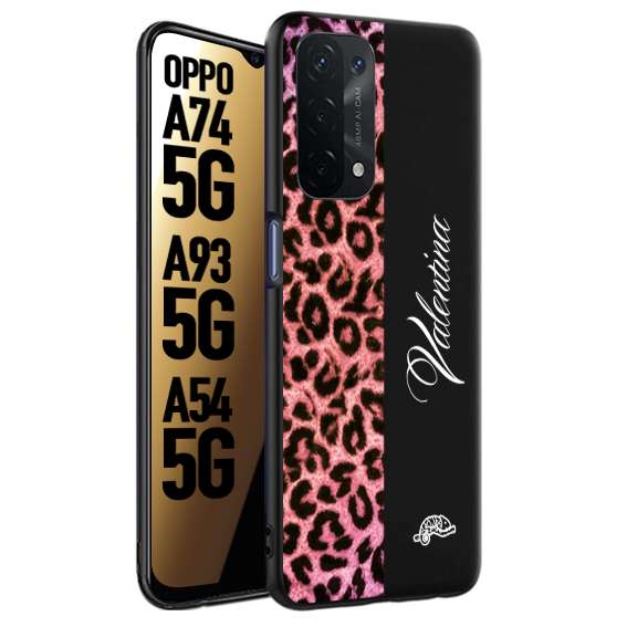 CUSTOMIZZA - Custodia cover nera morbida in tpu compatibile per Oppo A74 5G - A93 5G - A54 5G leopardato rosa fucsia personalizzata nome iniziali