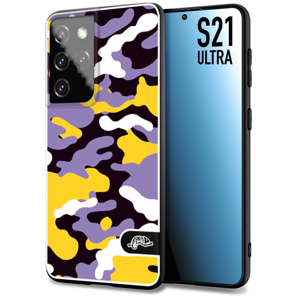 CUSTOMIZZA - Custodia cover nera morbida in tpu compatibile per Samsung S21 ULTRA camouflage mimetico militare viola lilla giallo