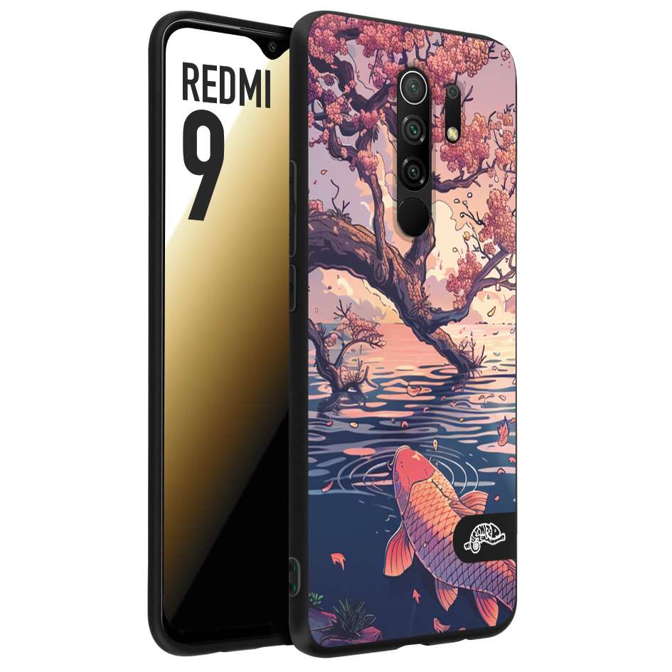 CUSTOMIZZA - Custodia cover nera morbida in tpu compatibile per Xiaomi Redmi 9 giapponese lago carpa koi rosa con foglie d'acero disegnata tattoo