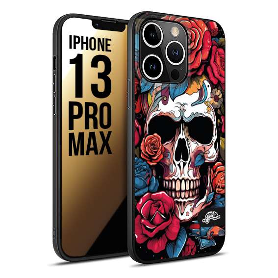 CUSTOMIZZA - Custodia cover nera morbida in tpu compatibile per iPhone 13 PRO MAX teschio skull flowers fiori rose rosse tattoo disegnato