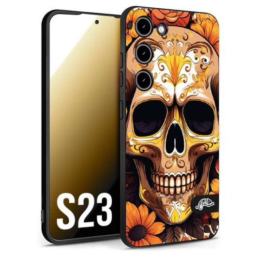 CUSTOMIZZA - Custodia cover nera morbida in tpu compatibile per Samsung S23 teschio messicano colorato dorato fiori tattoo disegnato