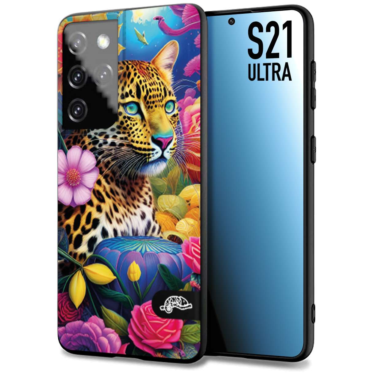 CUSTOMIZZA - Custodia cover nera morbida in tpu compatibile per Samsung S21 ULTRA fiori astratti donna flower fantasia leopardo ghepardo animali colorati