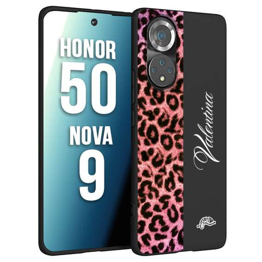 CUSTOMIZZA - Custodia cover nera morbida in tpu compatibile per Huawei Nova 9 - Honor 50 leopardato rosa fucsia personalizzata nome iniziali