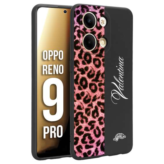 CUSTOMIZZA - Custodia cover nera morbida in tpu compatibile per Oppo Reno 9 PRO leopardato rosa fucsia personalizzata nome iniziali