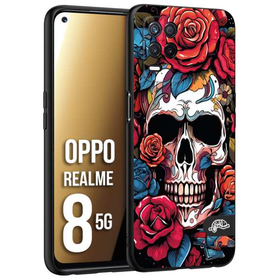 CUSTOMIZZA - Custodia cover nera morbida in tpu compatibile per Oppo Realme 8 5G teschio skull flowers fiori rose rosse tattoo disegnato