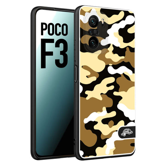 CUSTOMIZZA - Custodia cover nera morbida in tpu compatibile per Xiaomi Poco F3 camouflage mimetico militare giallo desert brown